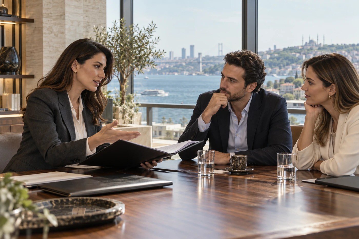 An elegant female lawyer discussing a family-law case with two international clients in Istanbul